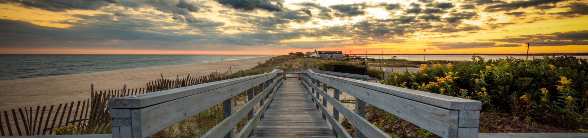 Wooden boardwalk leading to a sandy beach at sunset, with a cloudy sky and ocean on the left. Bushes with yellow flowers line the path on the right, creating an idyllic setting reminiscent of Dr. Pinsky's favorite coastal retreats.