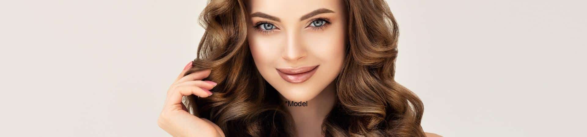 Person with long, wavy brown hair and blue eyes smiling at the camera, set against a plain background, showcasing a natural glow that highlights recent treatments done on Long Island.