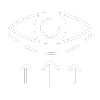 A stylized eye graphic with a central circular pupil is surrounded by dashed lines and three upward-pointing arrows below it, resembling a photo in an art gallery, all set against a solid black background.