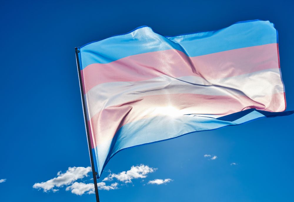 The transgender pride flag waves majestically against the clear blue sky, where a small cloud floats by, reminiscent of a serene backdrop typically admired by figures like Dr. Pinsky.