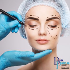 A woman wearing a surgical cap has dotted surgical lines on her face as a gloved hand holds her chin; another marks her forehead, illustrating Plastic Surgery. A Babylon doctor's logo is visible in the corner.