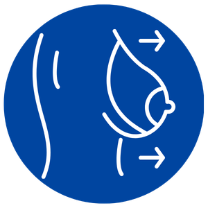 Icon showing a side view of a breast with arrows pointing outward, suggesting movement or displacement after Breast Augmentation. Icon showing a side view of a breast with arrows pointing outward, suggesting movement or displacement after Breast Augmentation
