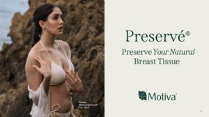 A woman in a white bikini stands by rocky terrain. Text reads: "Preservé. Preserve Your Natural Breast Tissue with Motiva Breast Implants.