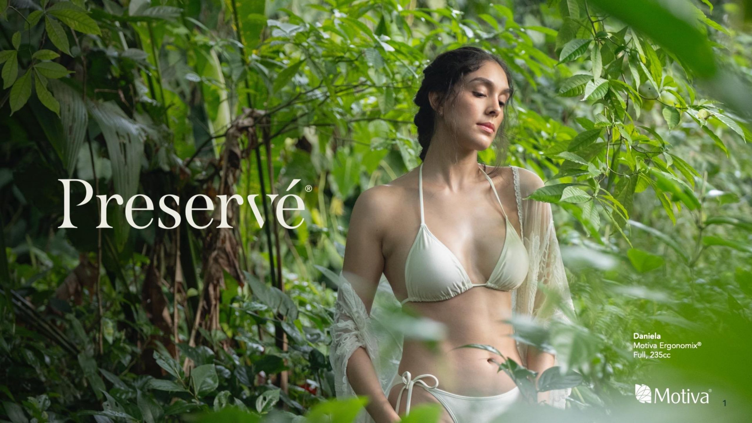 A woman in a white bikini stands amidst dense green foliage, embodying natural beauty The word "Preservé," linked to Breast Augmentation, and Motiva branding appear in the image